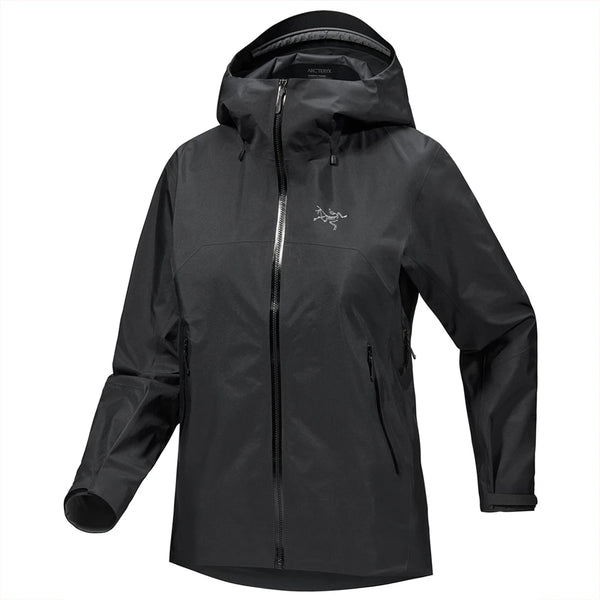 A woman's black Arc'teryx Beta SL jacket with a hood, featuring zippered pockets and a brand logo on the chest.